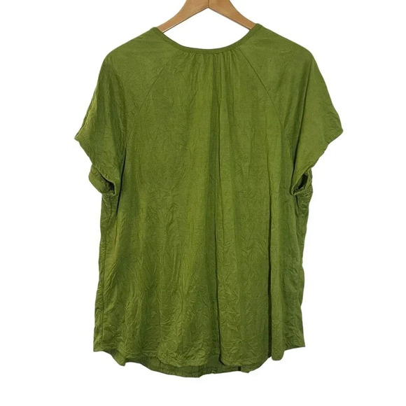 Truself Green Blouse Plus Size 3X Lace Trim Embroidered V Neck Short Sleeve Top - Picture 3 of 4